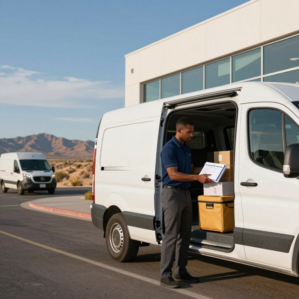 Delivery driver loading packages from a white van outside a building in a sunny parking lot
