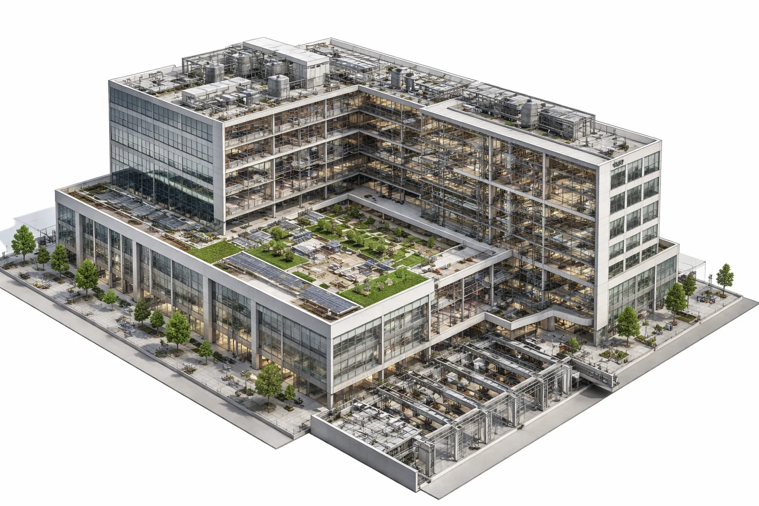 Cutaway rendering of a modern multi-story building with rooftop greenery and open interior floors