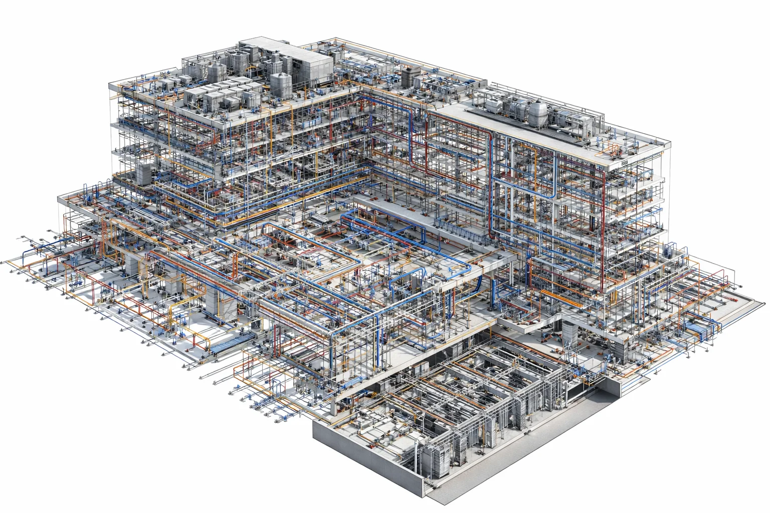 3D model of a multi-story building under construction with exposed structural framing and scaffolding