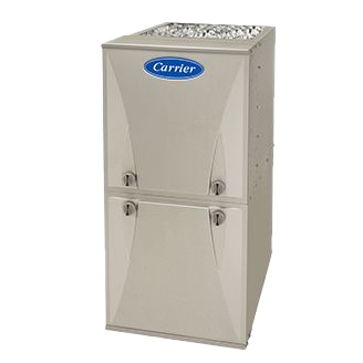 A Carrier furnace. Beige metal cabinet, two access doors, Carrier logo. A Carrier furnace. Beige metal cabinet, two access doors, Carrier logo.