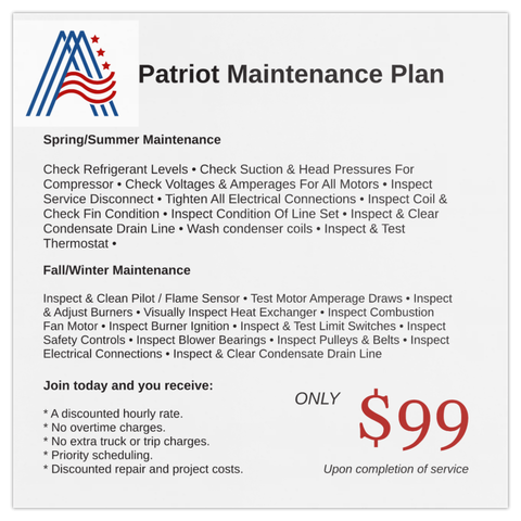 Patriot Maintenance Plan flyer with spring/summer HVAC service checklist and $99 offer