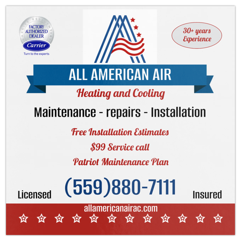 All American Air Heating and Cooling ad with service list, phone number, and red-blue logo