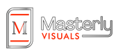 Logo for Masterly Visuals; silver-framed rectangle with a red 