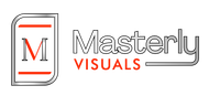 Logo for Masterly Visuals; silver-framed rectangle with a red 
