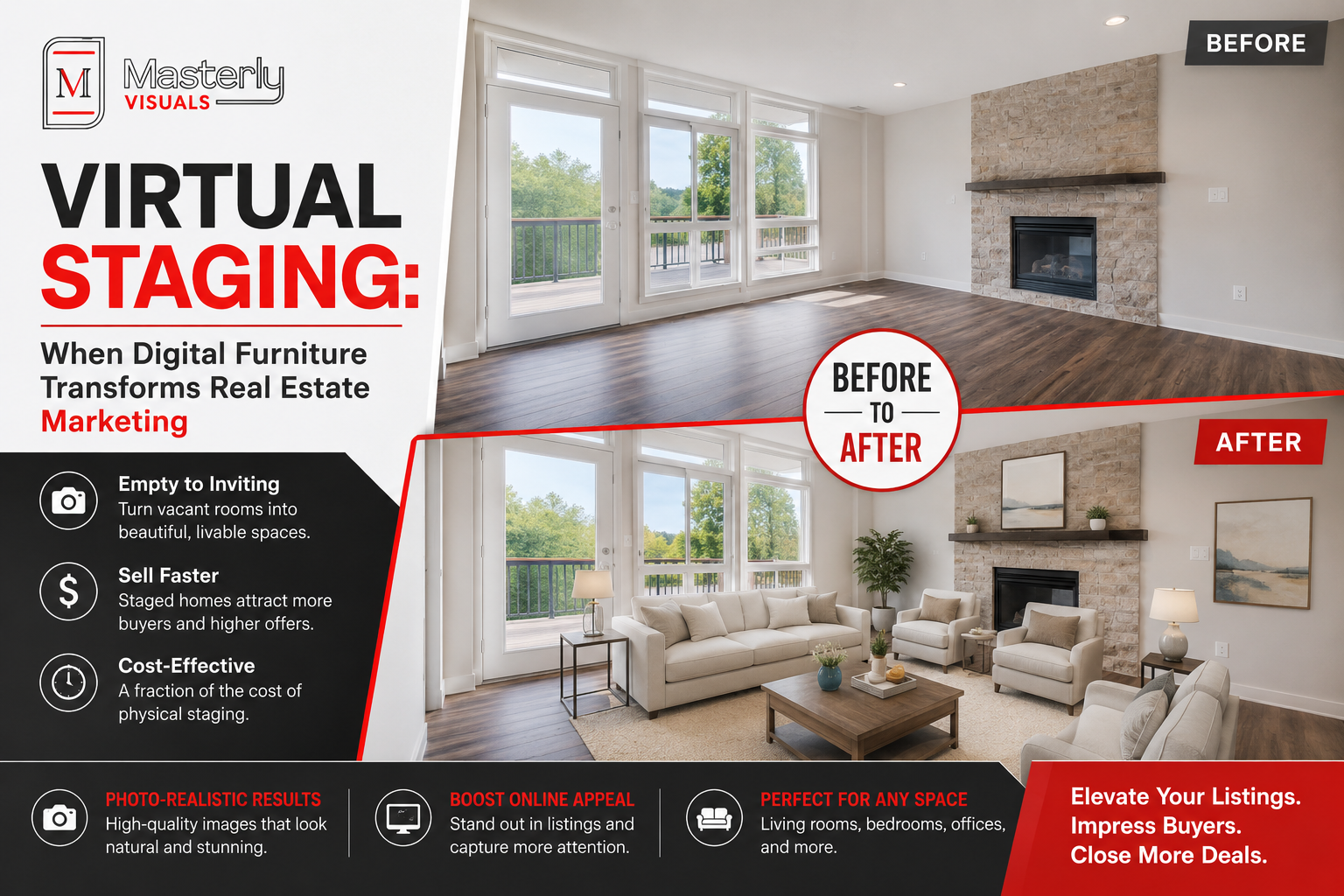 Virtual staging transforms an empty room with digital furniture for real estate marketing.