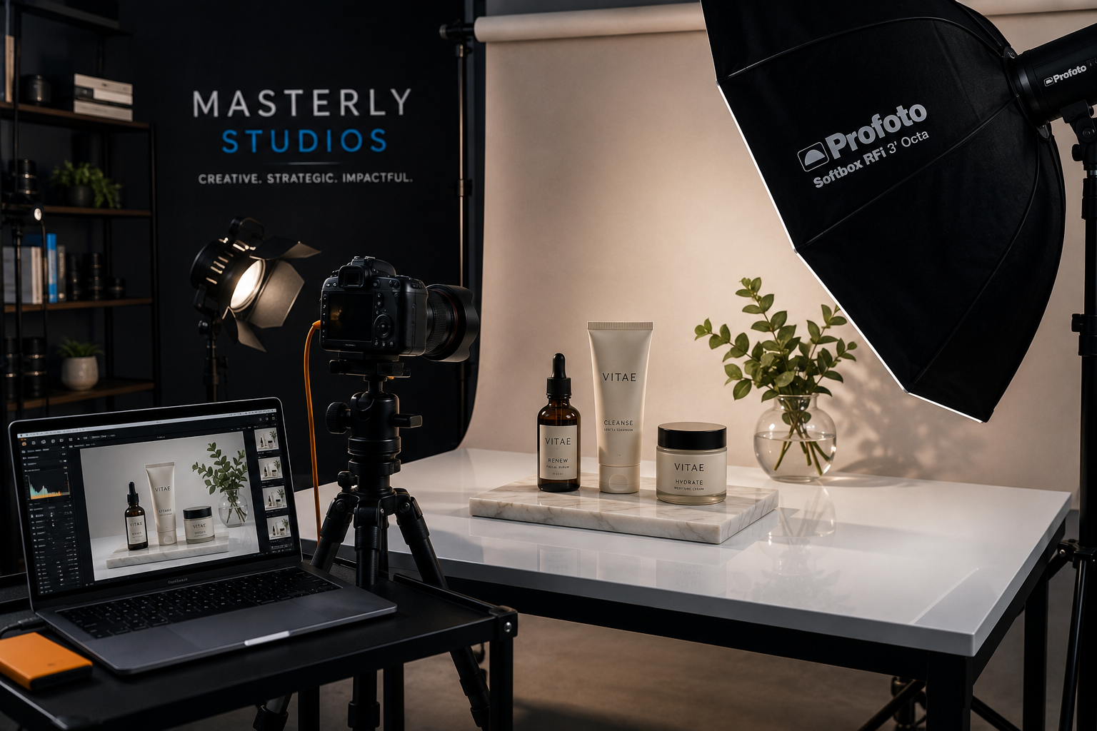 Professional product set with controlled lighting, styling, and campaign-ready compositions product photographer