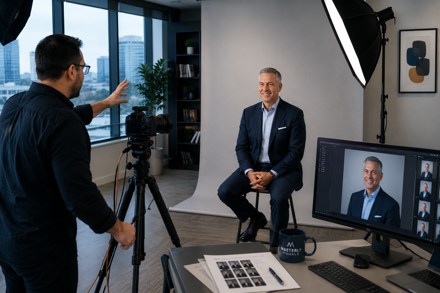 Executive headshot photographer capturing professional leadership portraits during a corporate portrait session.