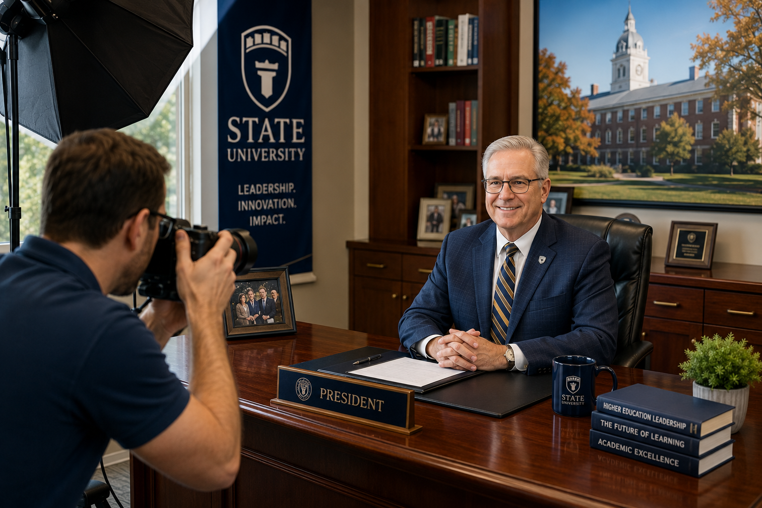 Professional university photographer creating college campus photography featuring students, faculty, research activities, and university leadership for institutional marketing.