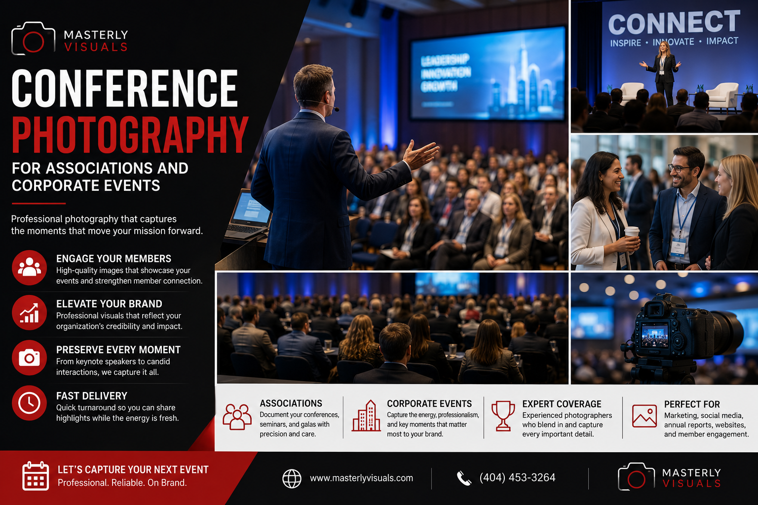Corporate event photographer capturing keynote speakers, networking sessions, and audience engagement at a professional association conference.