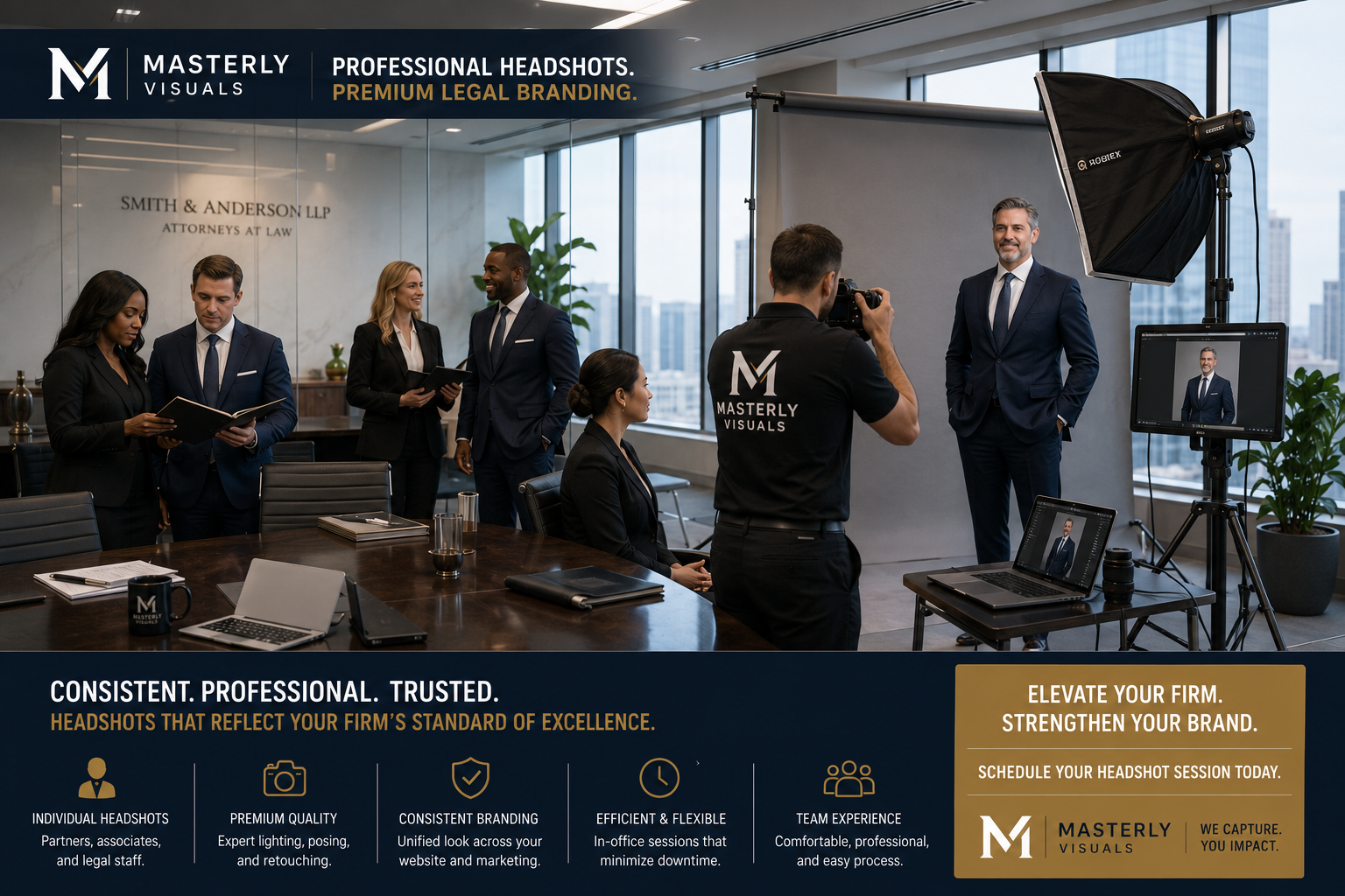 Attorney receiving professional law firm headshots during an onsite legal team photography session.