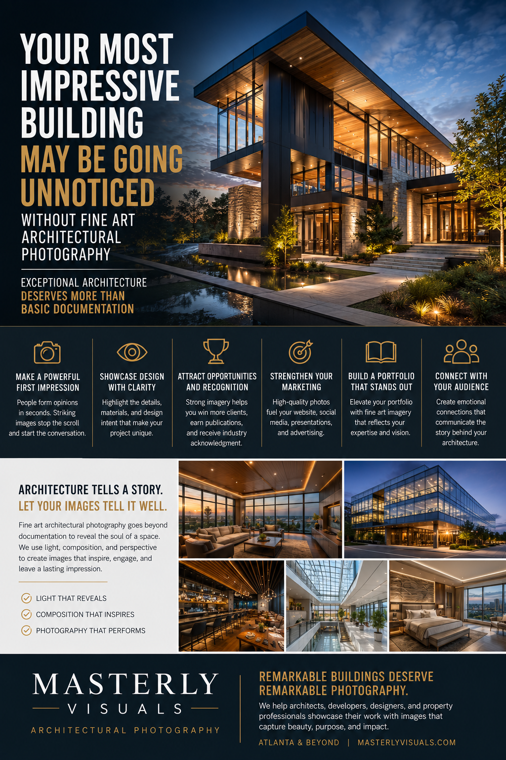 Promotional architectural photography banner featuring a dramatic modern luxury building photographed at twilight with warm interior lighting, expansive glass walls, and reflective water features. The headline reads, “Your Most Impressive Building May Be Going Unnoticed Without Fine Art Architectural Photography.” The design highlights the value of fine art architectural photography through benefits such as creating powerful first impressions, showcasing design intent, attracting recognition, strengthening marketing, building standout portfolios, and connecting with audiences. Additional interior and exterior architectural images demonstrate professional photography techniques, while Masterly Visuals branding emphasizes premium architectural photography services for architects, developers, designers, and property professionals in Atlanta and beyond.