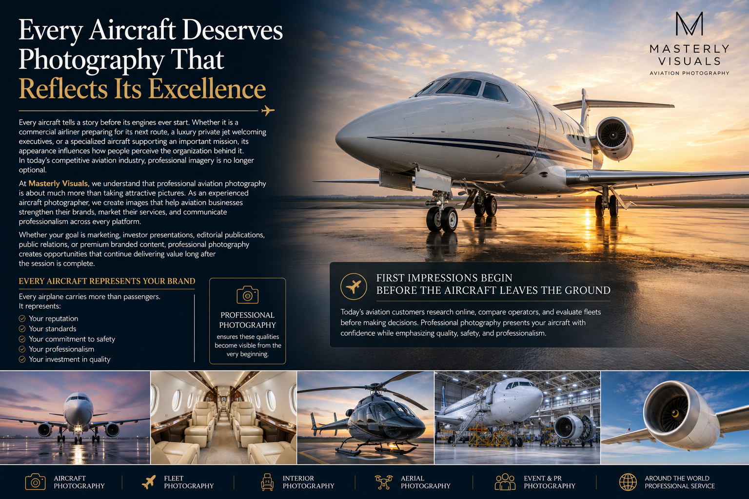 Professional aviation photography featuring a luxury private jet on the runway at sunset, with supporting images of commercial aircraft, aircraft interiors, helicopter operations, and maintenance, promoting Masterly Visuals' aircraft photography services.