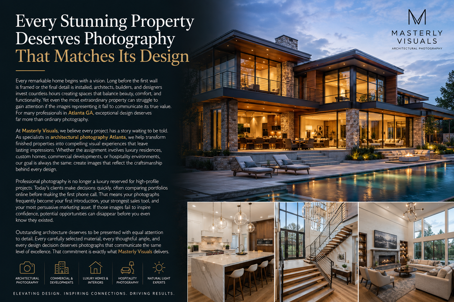 Modern luxury home at dusk showcasing professional architectural photography, with elegant interior detail images and promotional text highlighting Masterly Visuals' architectural photography services in Atlanta, GA.