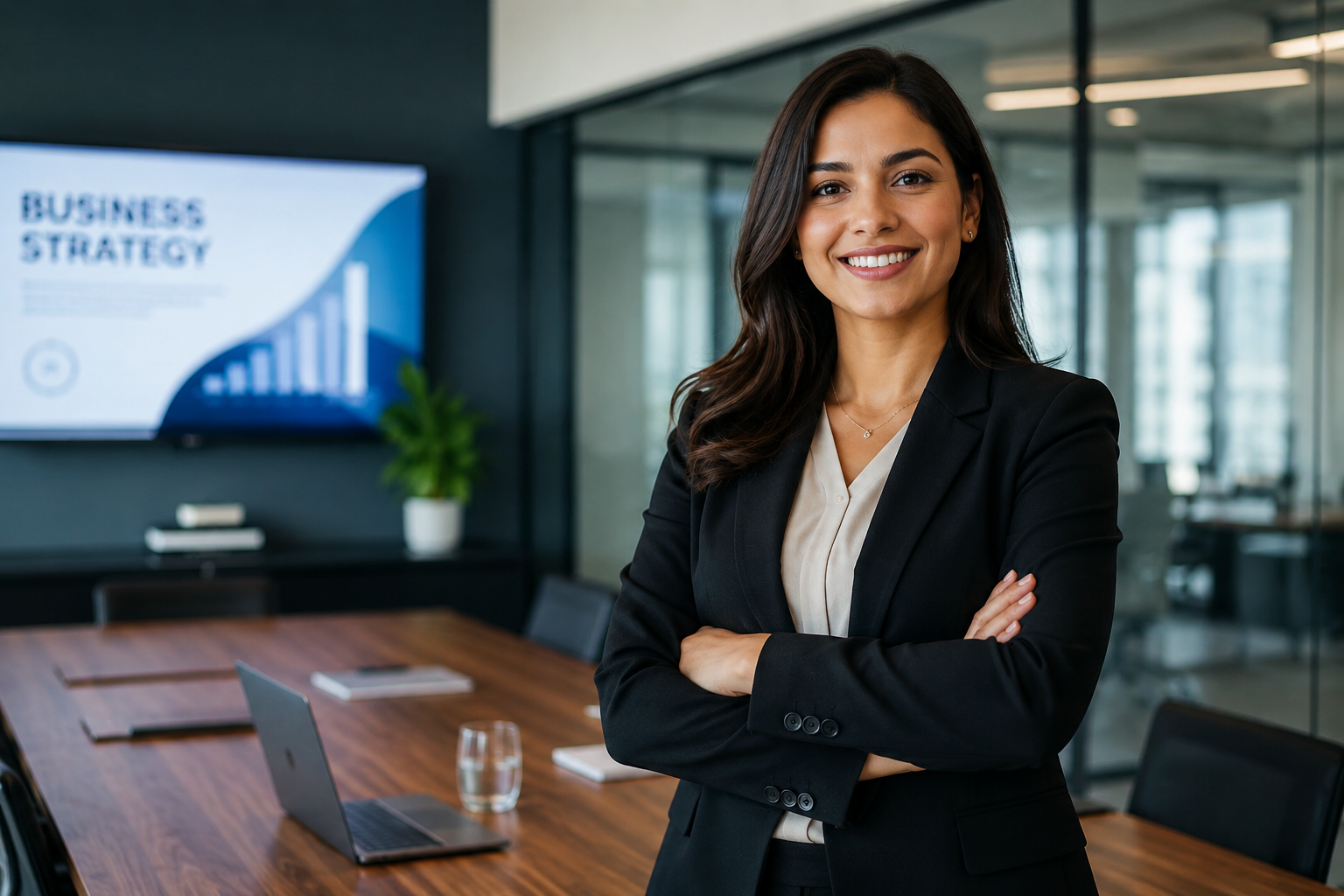 Professional business photography of a confident business professional standing in a modern office conference room with natural lighting, showcasing a polished corporate environment and leadership presence.