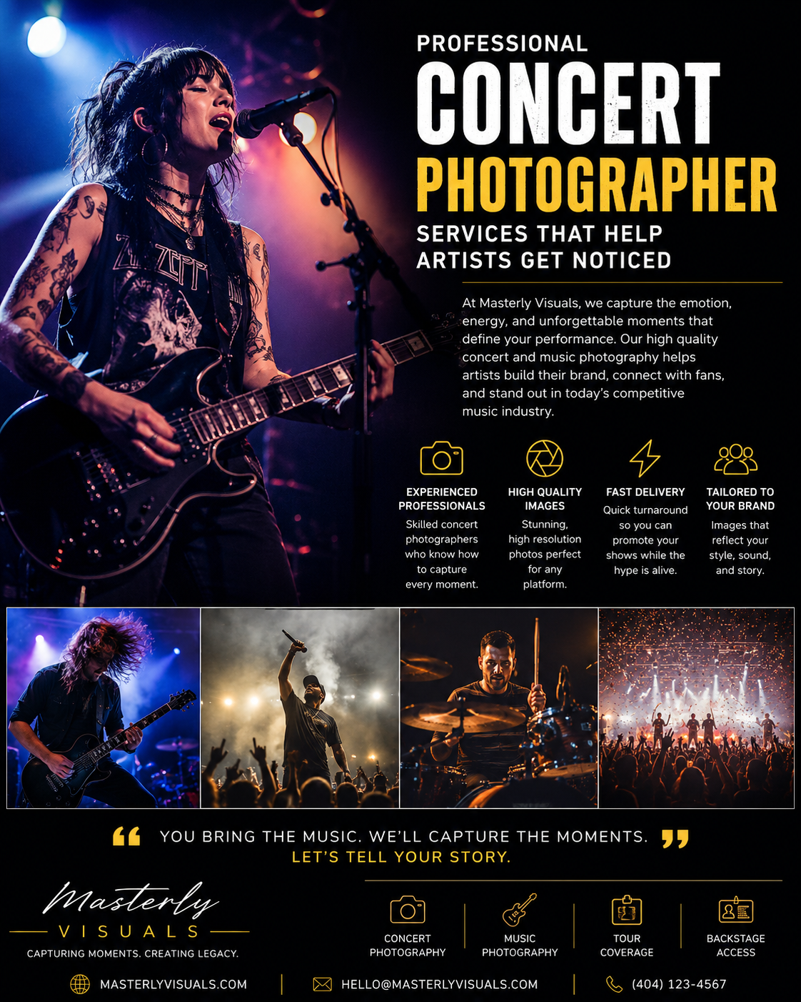 Professional concert photography promotional banner featuring a live guitarist performing on stage under colorful concert lighting, alongside dynamic images of musicians, a drummer, and an energetic crowd, highlighting Masterly Visuals' concert and music photography services for artists, tours, festivals, and live events.