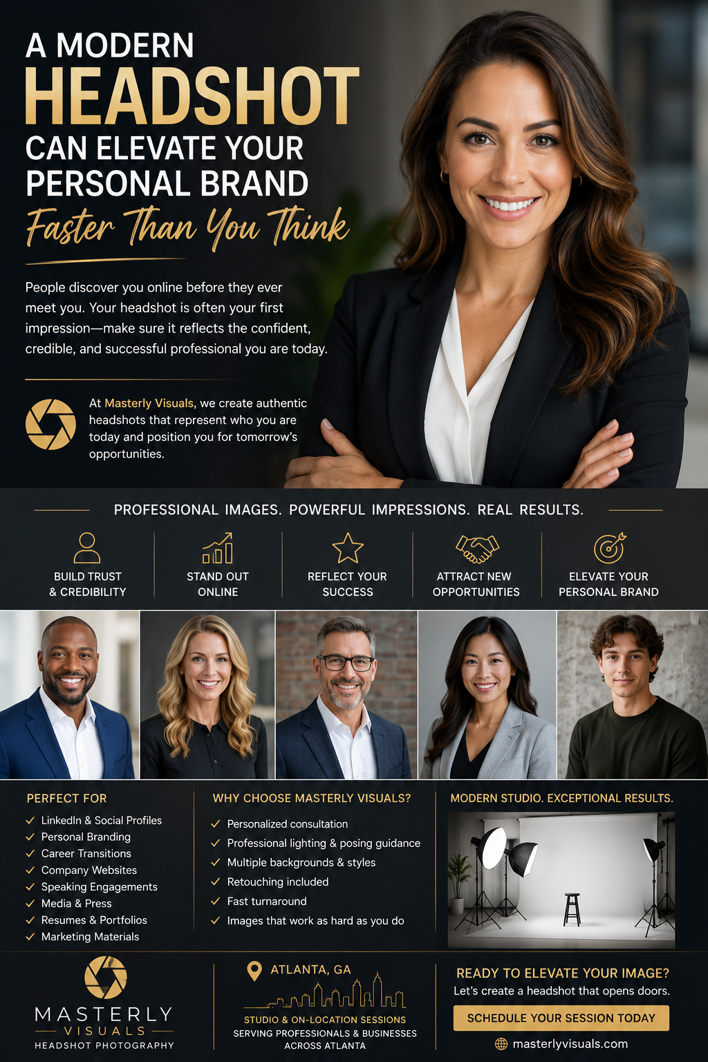 Professional business headshot photography collage featuring confident executives and entrepreneurs in a modern studio, highlighting personal branding, LinkedIn profiles, career growth, corporate headshots, and Masterly Visuals' professional headshot photography services in Atlanta.