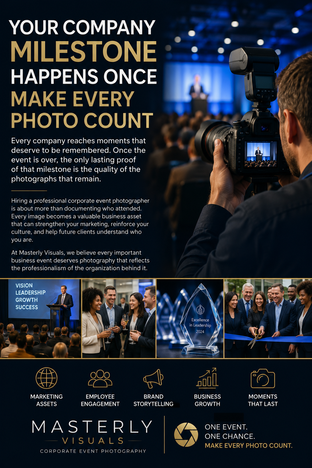 Professional corporate event photographer capturing a keynote presentation at a business conference, with networking, award recognition, ribbon-cutting ceremony, and Masterly Visuals branding highlighting the importance of preserving company milestones through high-quality event photography.
