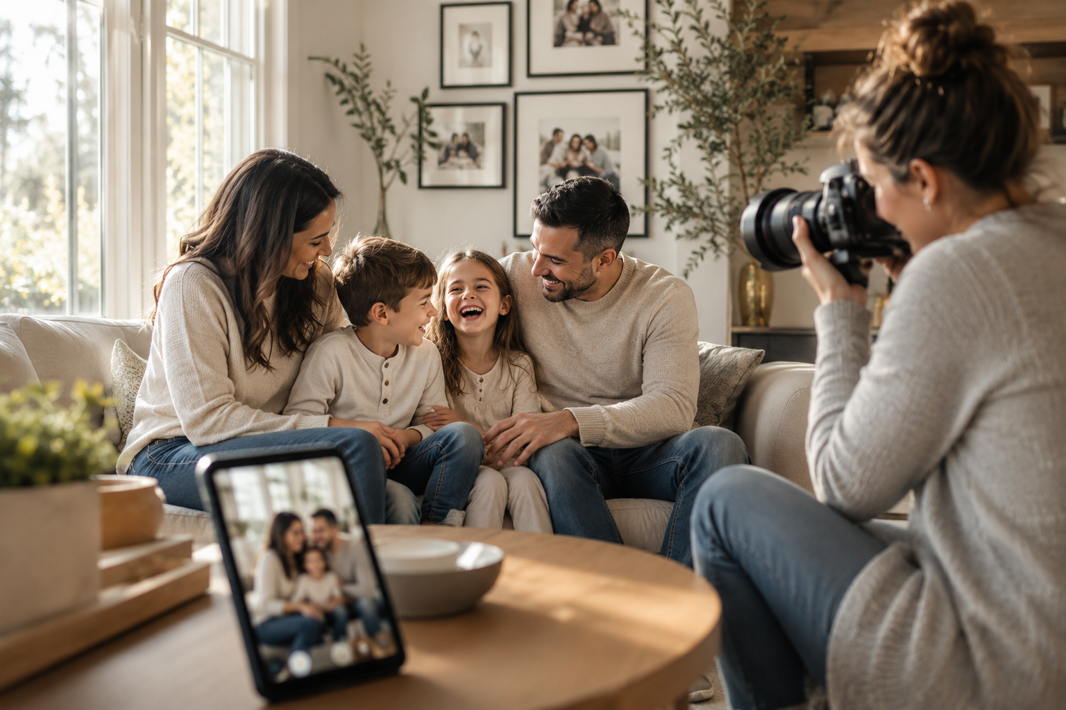 A professional family lifestyle photographer captures a joyful family sharing genuine laughter in a bright, sunlit living room while a smartphone in the foreground displays a simple snapshot, highlighting the difference between everyday phone photos and professional family photography.