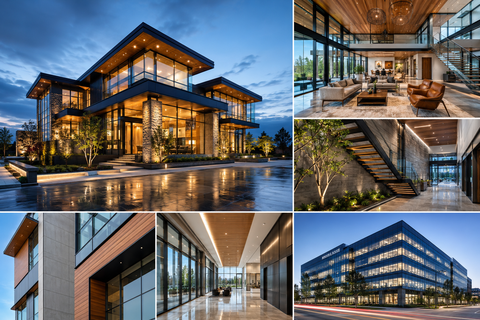 Professional architectural photography showcasing a modern luxury home and commercial building with dramatic exterior views, elegant interiors, clean architectural lines, and premium design details captured in natural and twilight lighting.