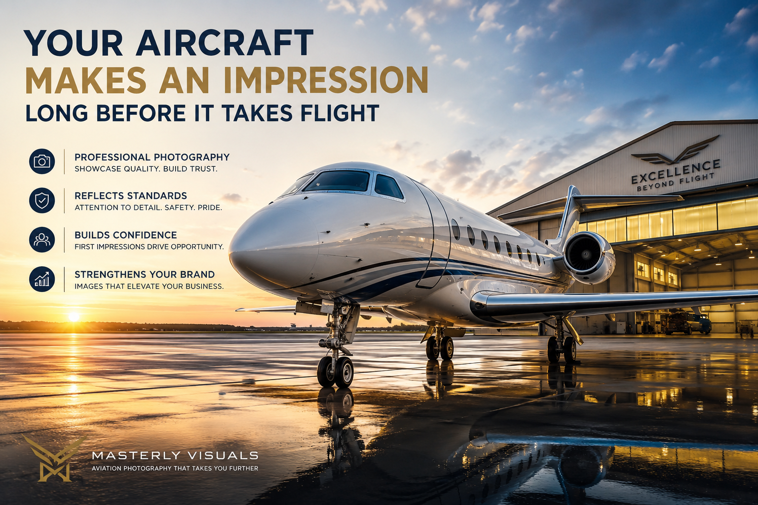 A sleek white private business jet sits on a reflective airport ramp at sunset outside a modern aircraft hangar, photographed from a dramatic low angle. Bold headline text reads, 