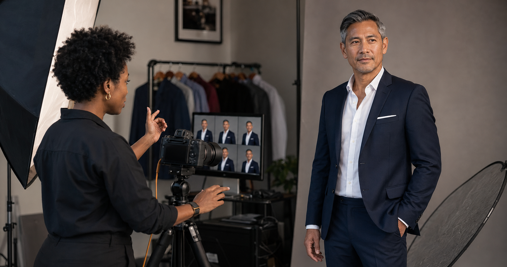 Professional photographer directing a business executive during a polished studio headshot session.