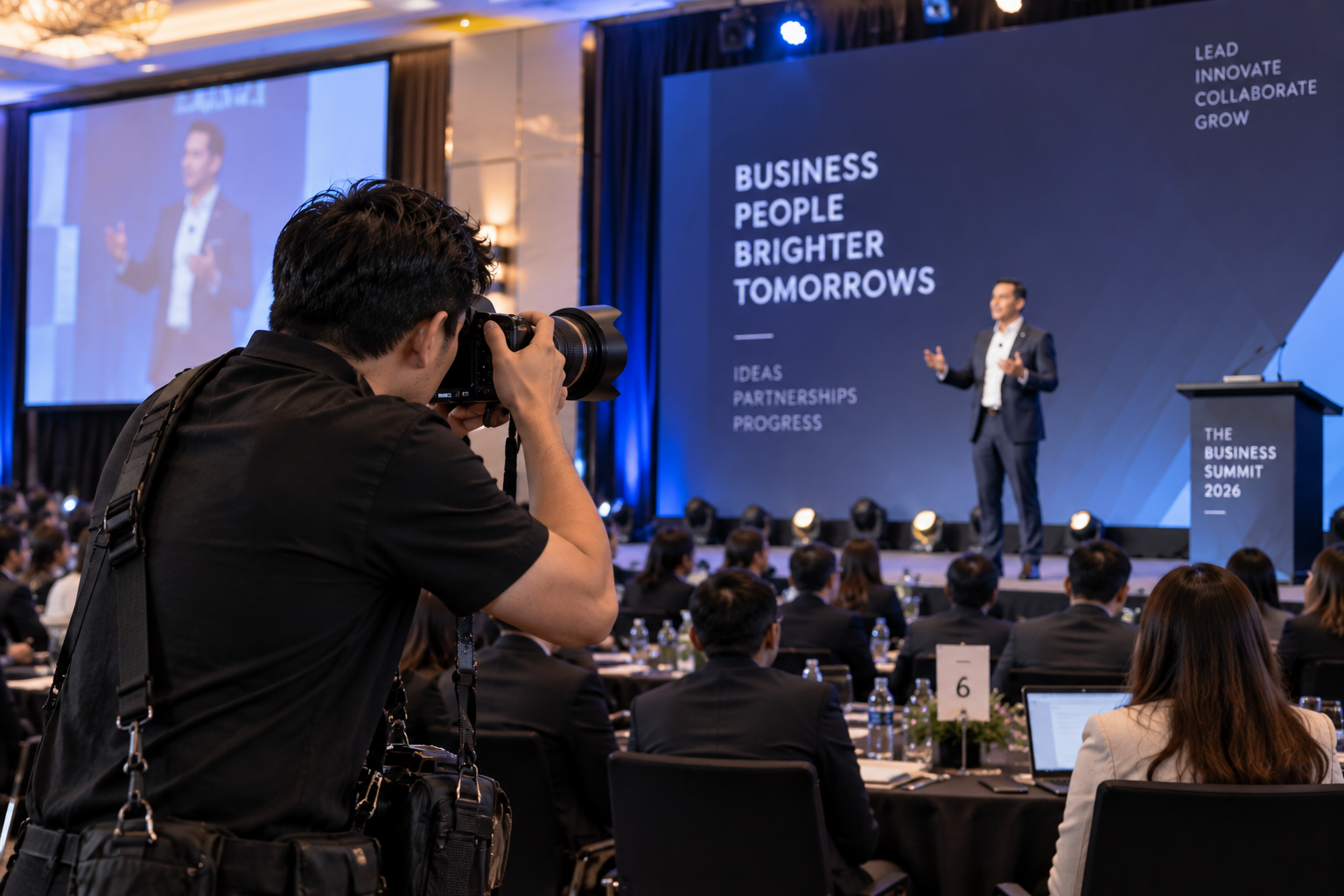 Corporate event photographer capturing keynote speaker at business conference