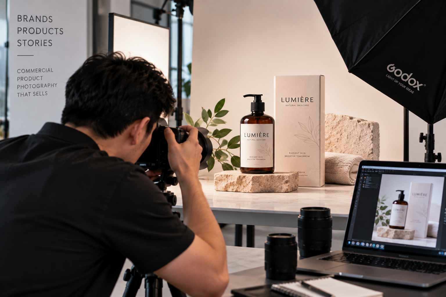Commercial product photographer photographing a branded product