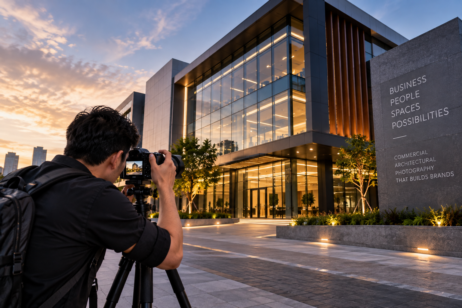 Commercial architectural photographer photographing a modern commercial building