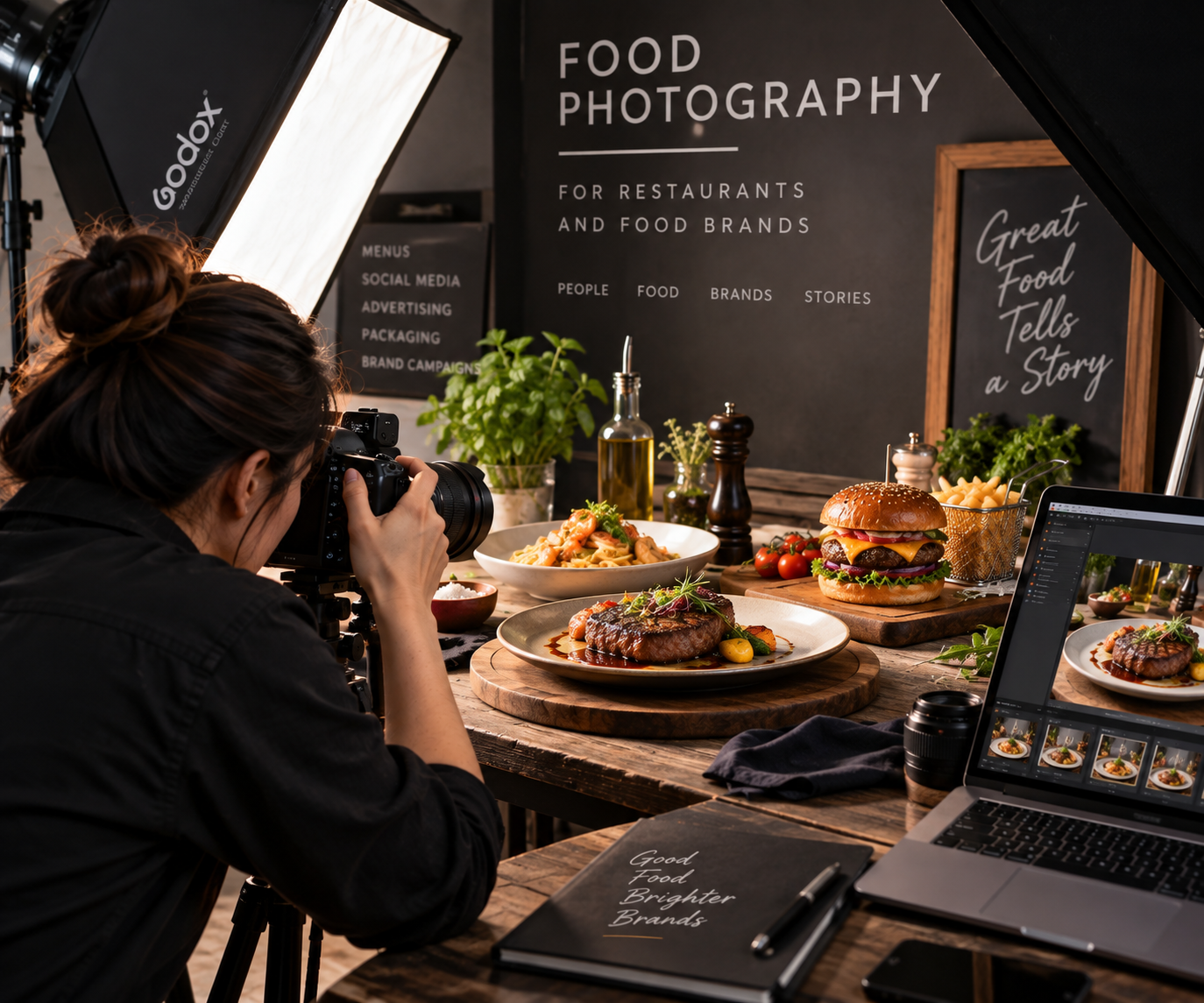 Professional food photographer creating commercial food photography for a restaurant and food brand