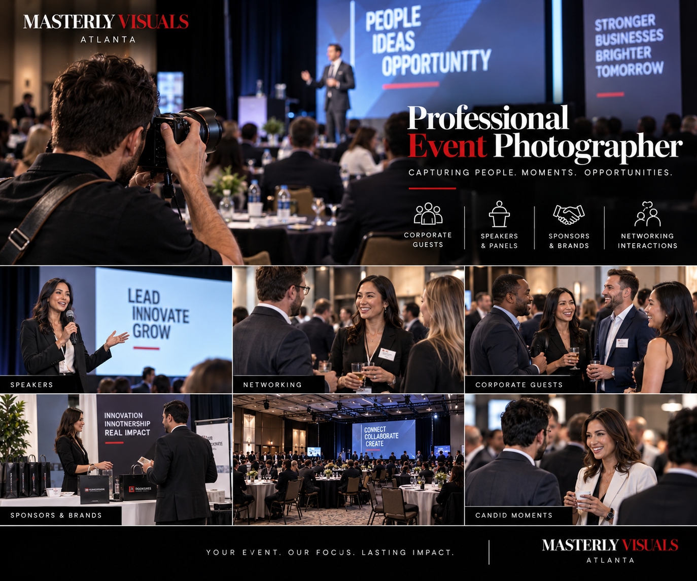 Professional event photographer capturing corporate guests, speakers, sponsors, and networking interactions