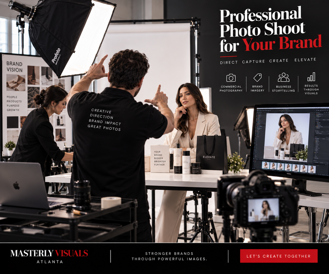Professional photographer directing a commercial photo shoot for a business brand