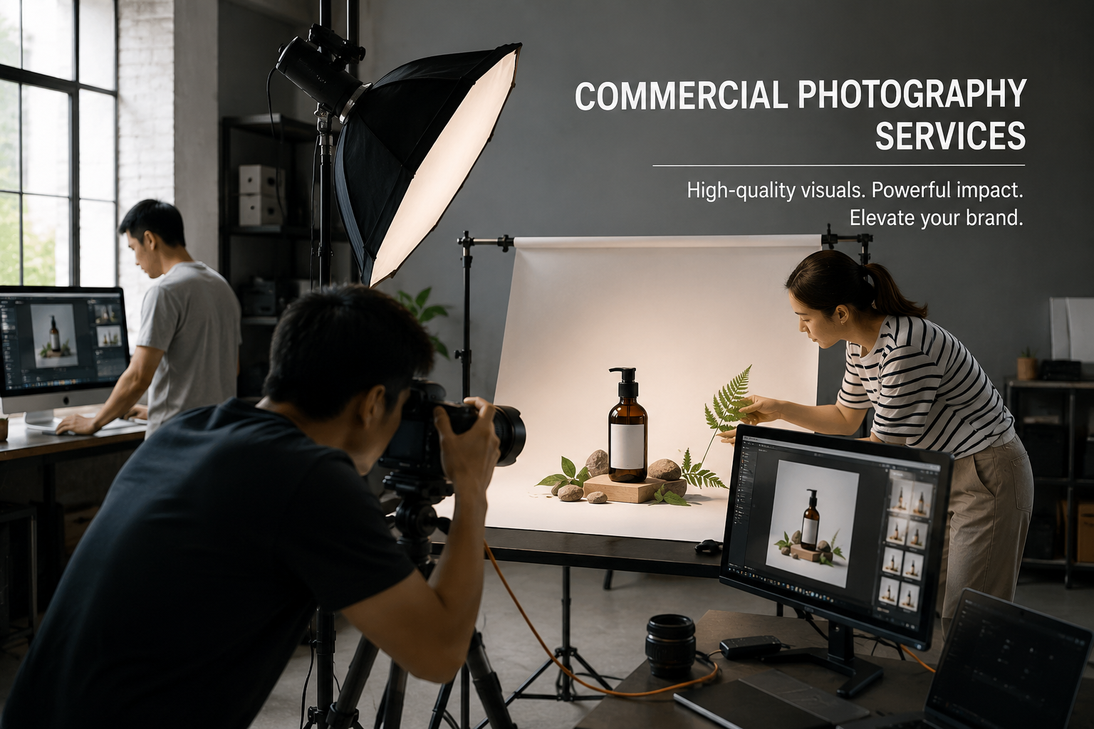 Premium realistic commercial photography services studio showing a photographer creating professional product images with studio lighting, styling, and editing equipment.