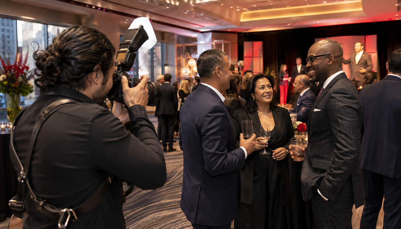 Professional photographer capturing candid executive networking and speaker moments at an upscale corporate event.