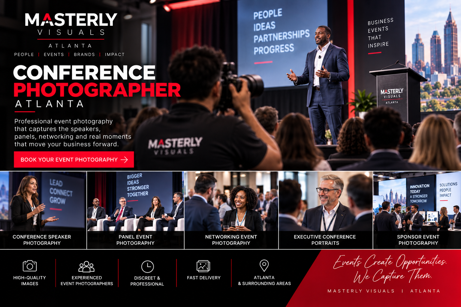 Professional conference photographer in Atlanta capturing speakers, panels, and networking at a business event