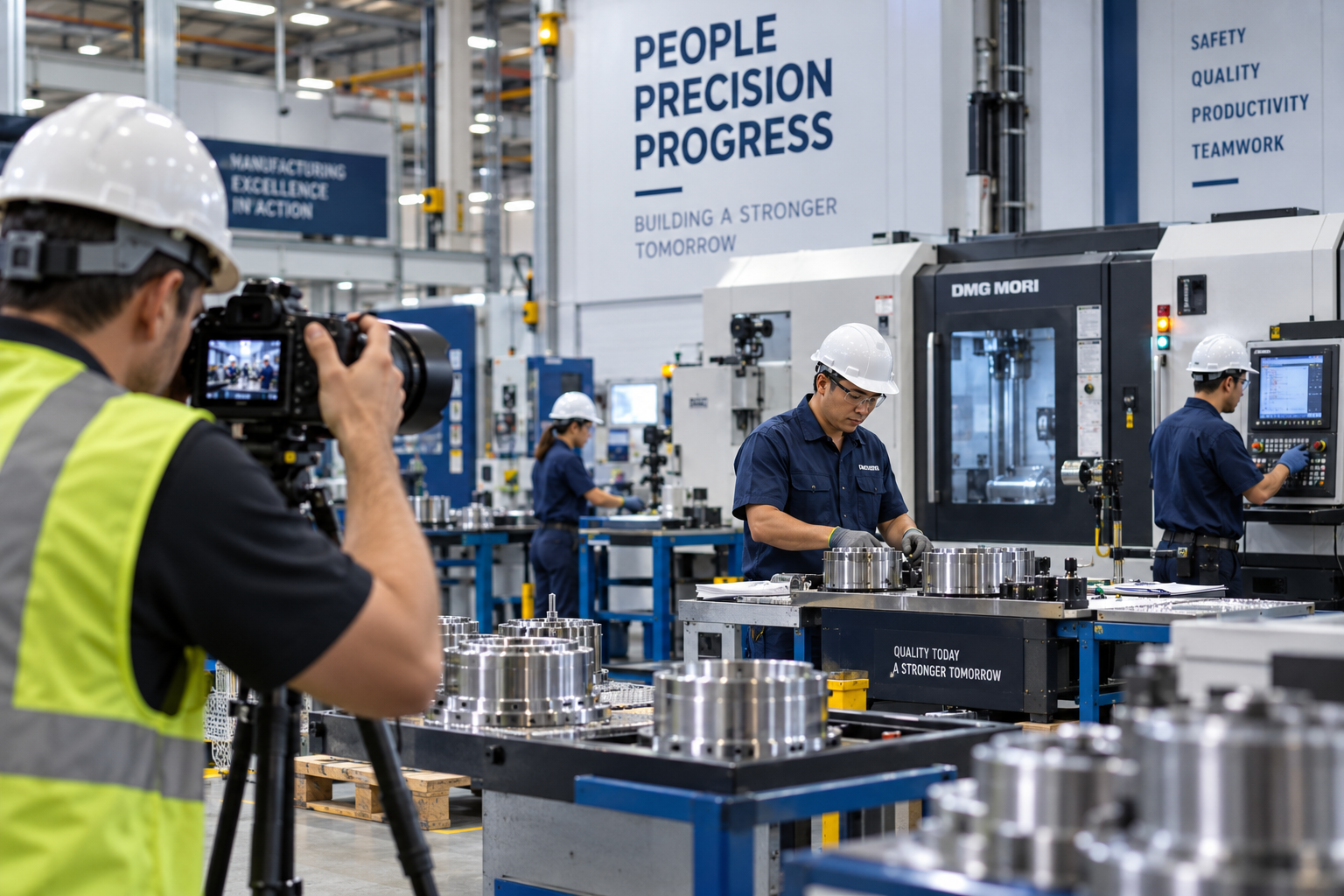 Industrial photographer capturing manufacturing equipment and employees at work