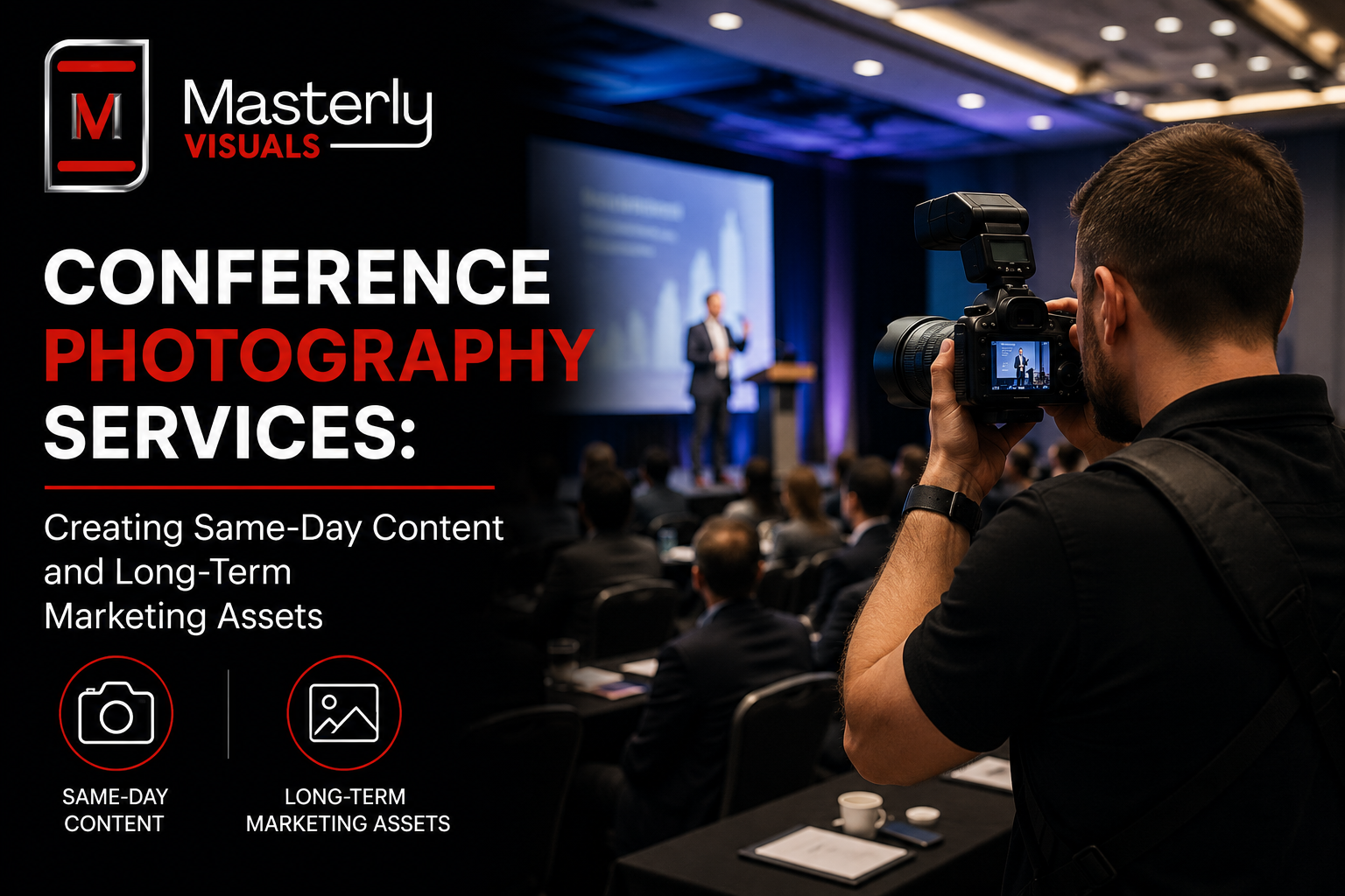 Conference photographer capturing keynote speakers, sponsors, and attendees during a corporate event