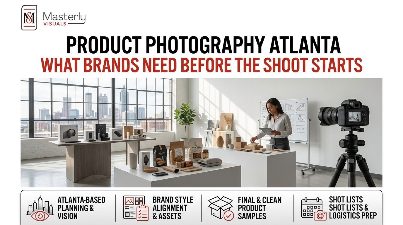 Product photography studio with camera, styled props, and text: “What brands need before the shoot starts”