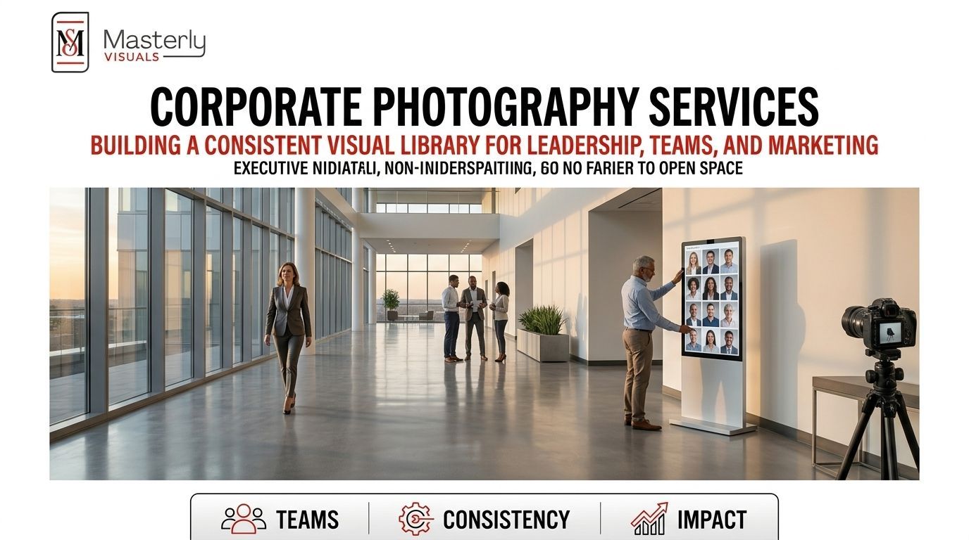 Corporate photography services banner with office hallway, photographer, and office-themed icons