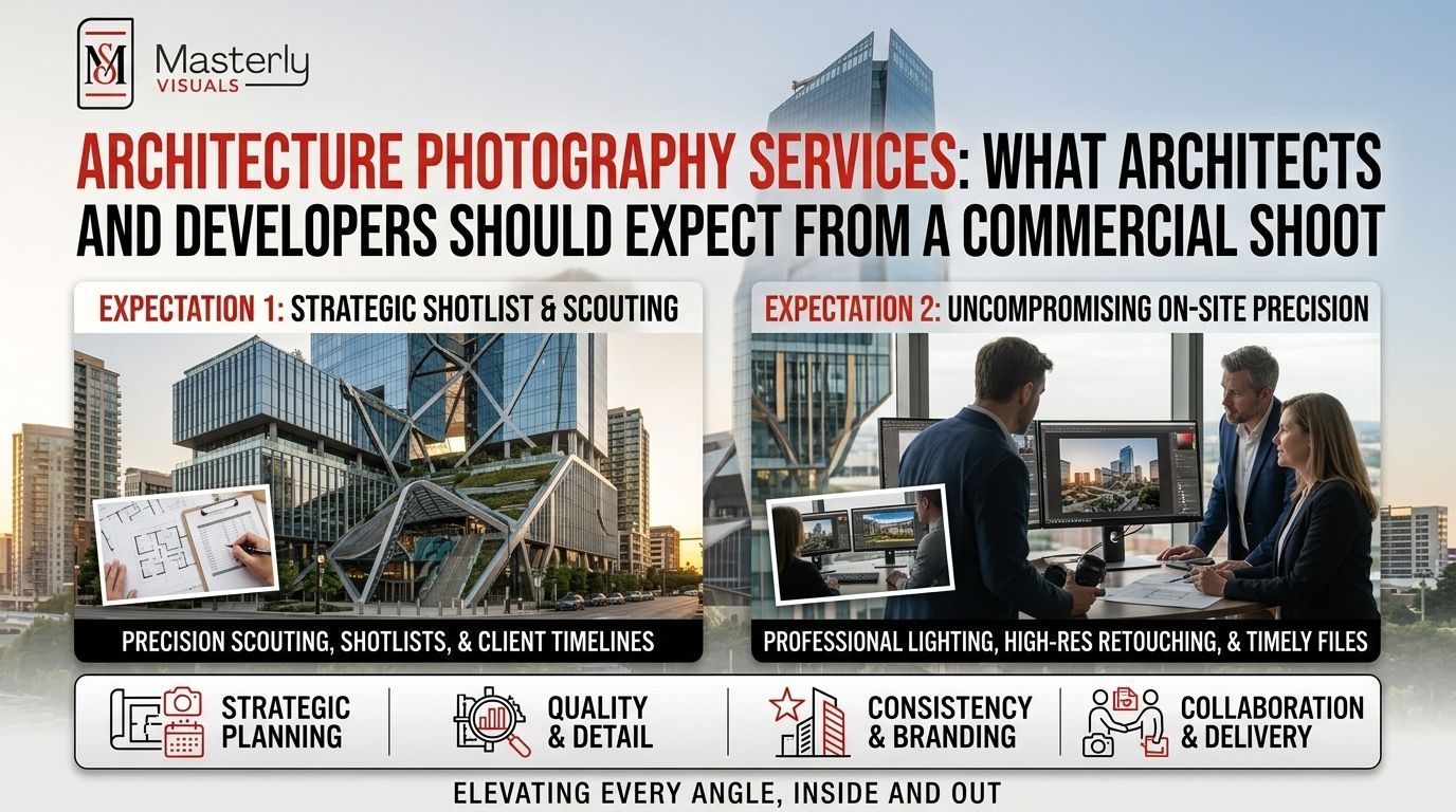Infographic about architecture photography services, with two urban site photos and service icons in beige and black.