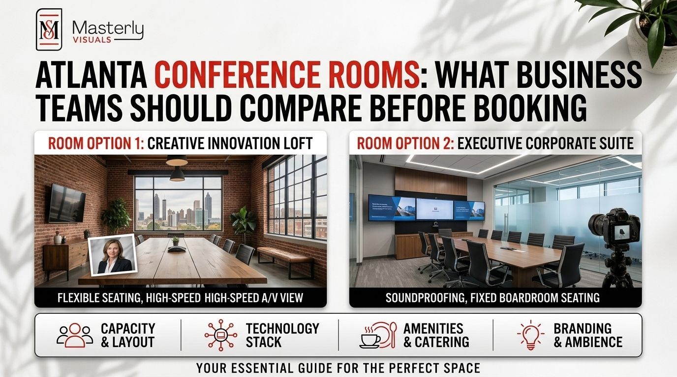 Atlanta conference rooms comparison infographic with two suite options and icons for capacity, tech, amenities, and branding