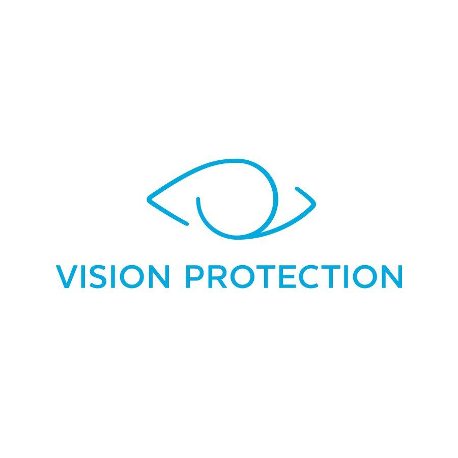 A logo for vision protection with a blue eye on a white background.