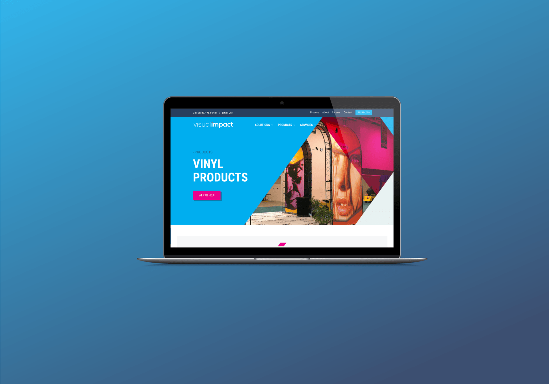 A laptop computer is open to a website on a blue background.