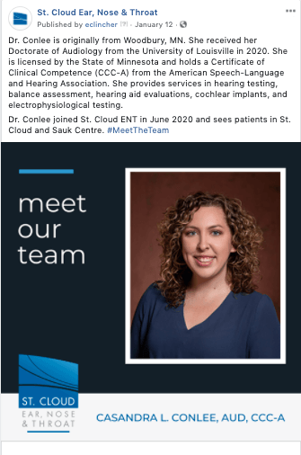 A facebook post with a picture of a woman and the words `` meet our team ''.