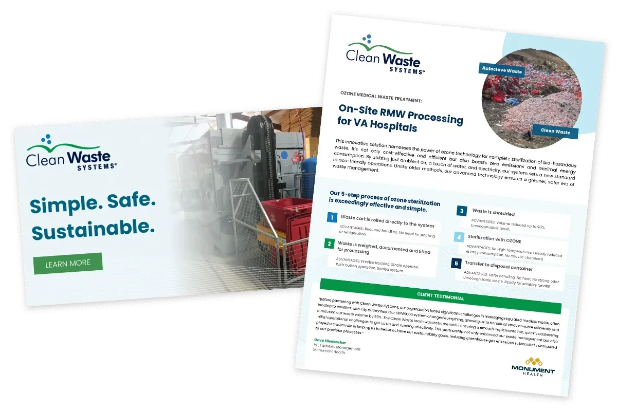 Clean Waste Systems marketing collateral designed by Dayta, including a one-page ozone medical waste treatment overview