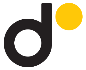 A black letter d with a yellow circle in the middle