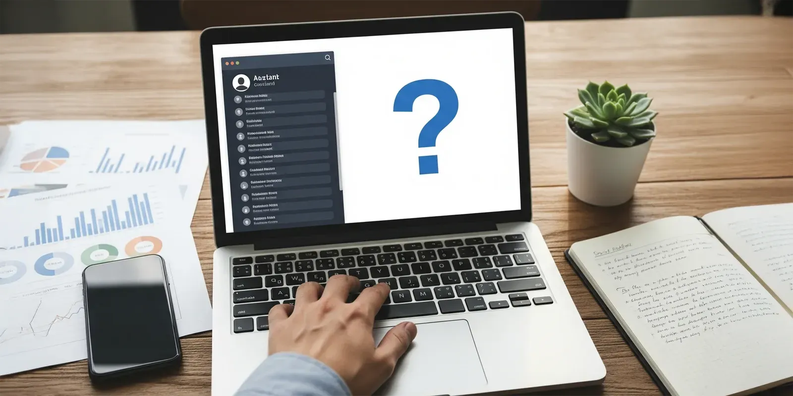 Laptop with a question mark on the screen, person typing, next to charts, phone, succulent, and notebook on a desk.