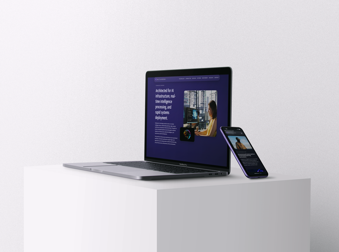 DeltaBoom conceptual AI and defense technology website displayed on laptop and phone
