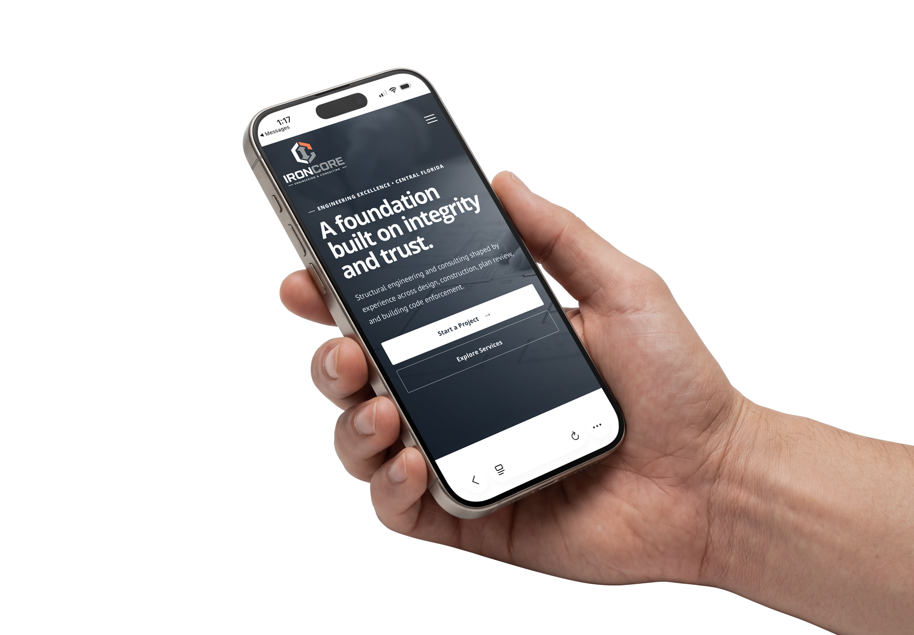 IronCore Engineering mobile website shown on a smartphone