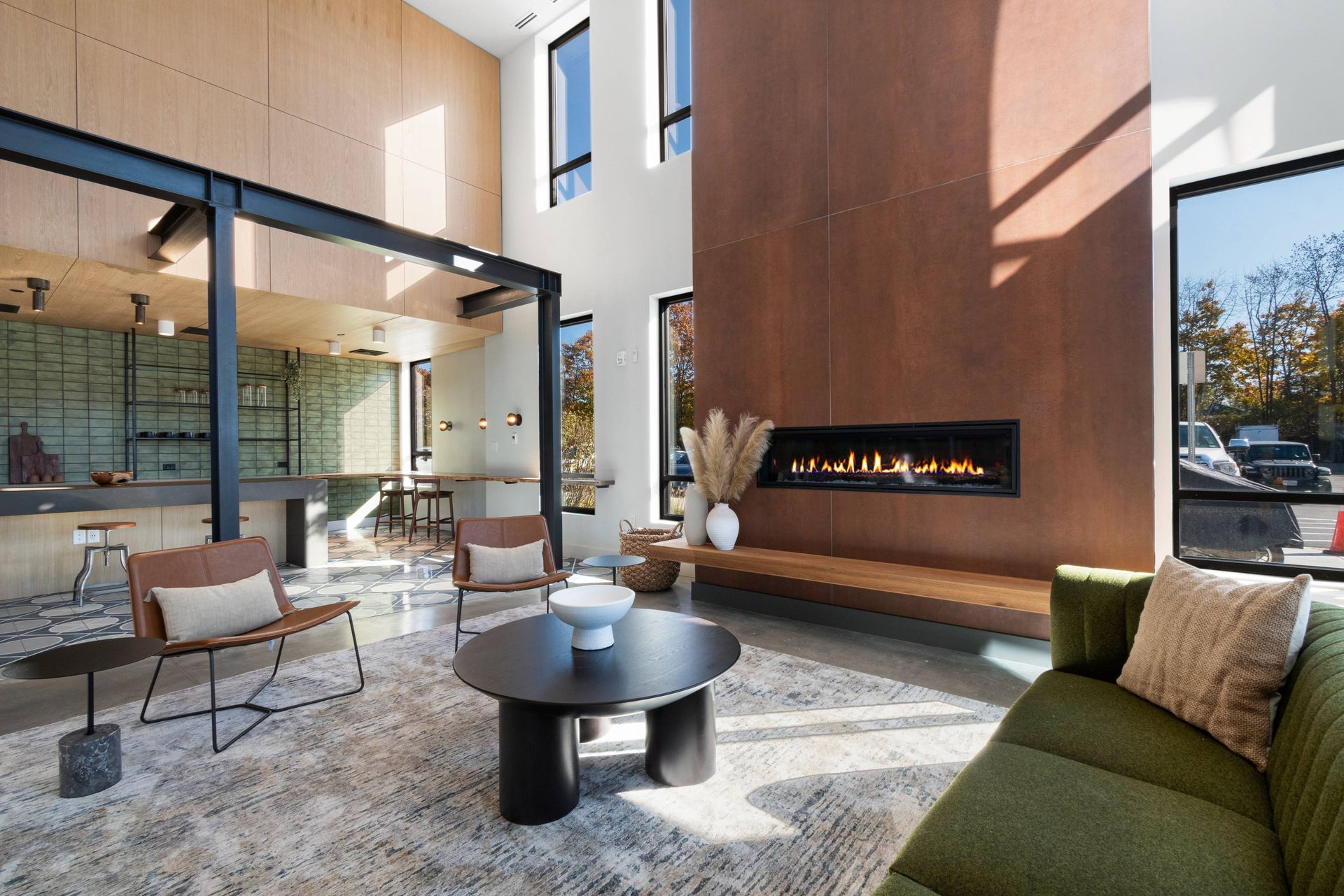 West End Yards high ceiling clubhouse with digital fire place. 