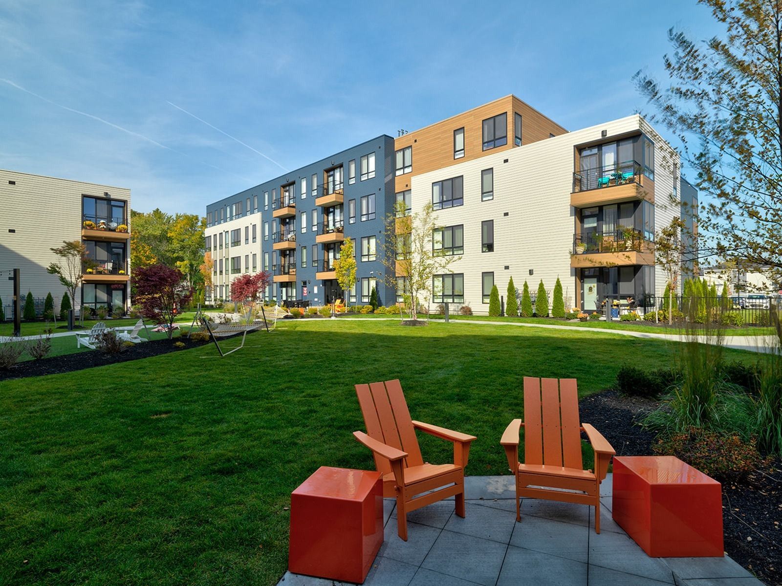 West End Yards outdoor green lawn with chairs.